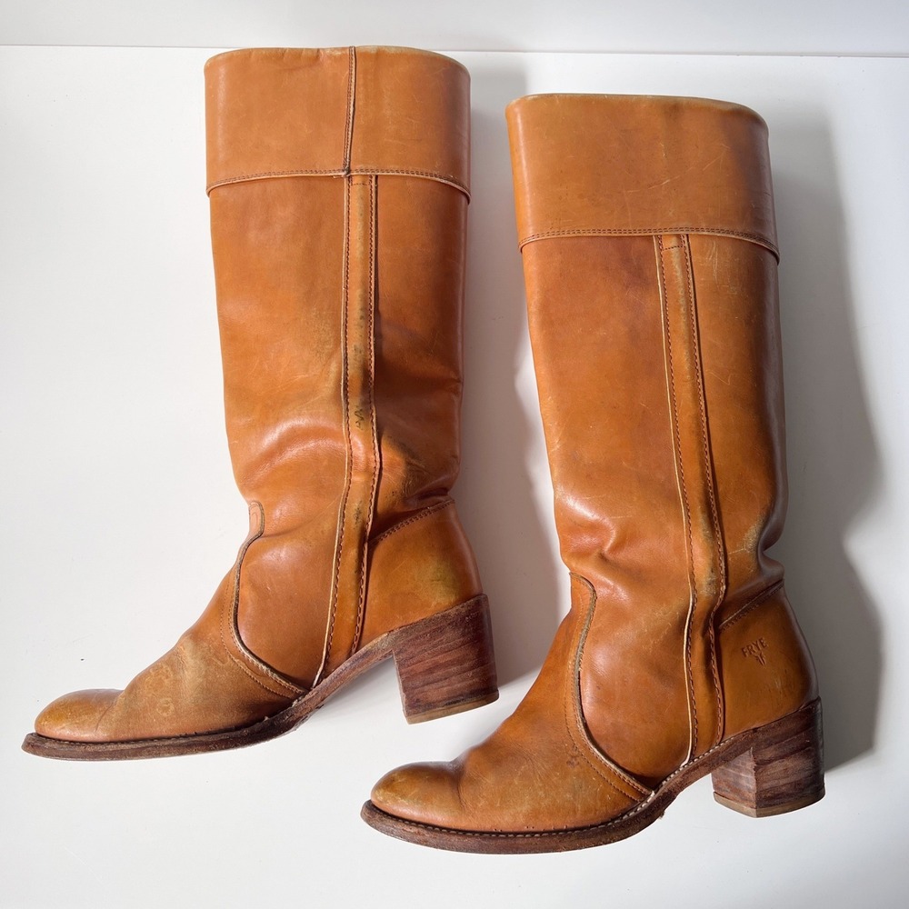 Vintage 70s Frye‎ Campus Boots Size 8.5 Tan Leather Tall Knee High Made in USA